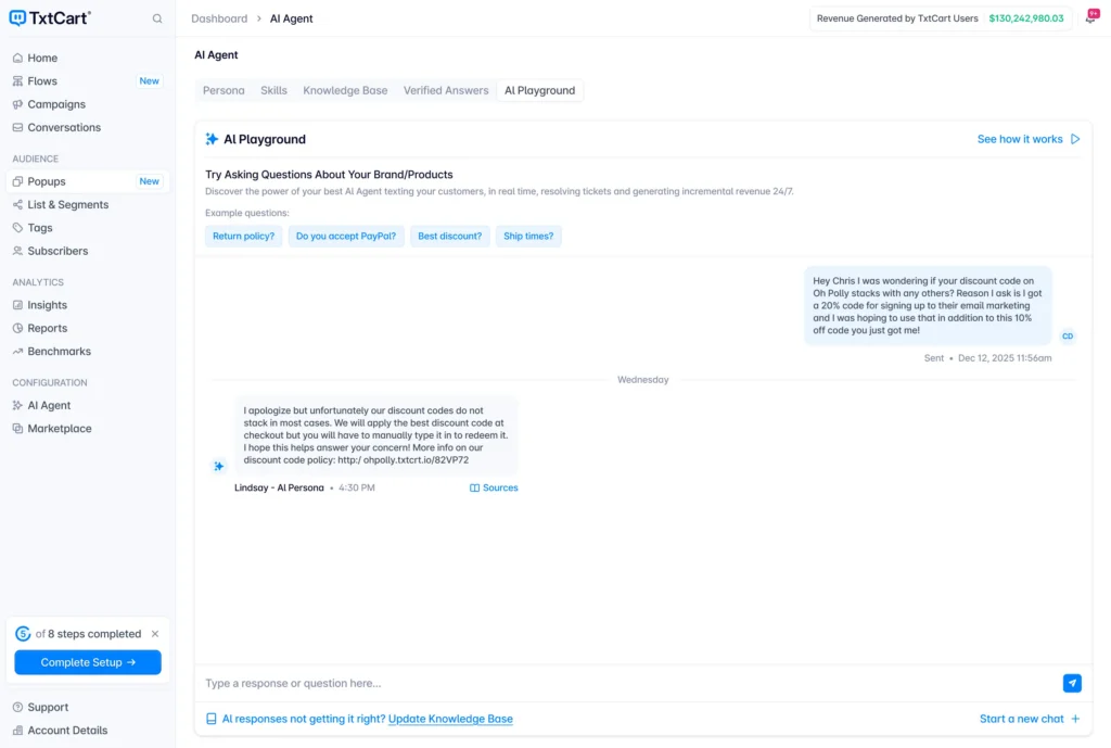TxtCart AI Agent handling a two-way SMS conversation with a Shopify shopper