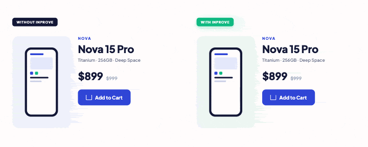 Animated comparison showing a Shopify product page before and after removing post-click friction, resulting in a completed $899 order.